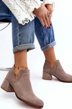 Damskie Boto Zamszowe Botki Z Wycięciami Na Obcasie Jasnobeżowe Dalros