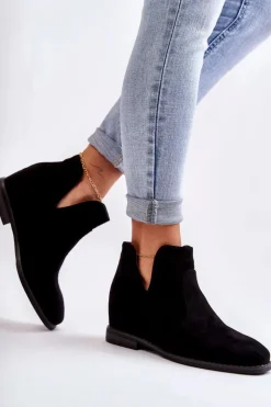 Sale Damskie buty S.Barski Zamszowe Botki Z Wycięciami Na Płaskim Obcasie Czarne Henriette