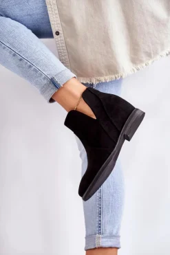 Sale Damskie buty S.Barski Zamszowe Botki Z Wycięciami Na Płaskim Obcasie Czarne Henriette