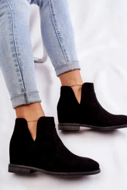 Sale Damskie buty S.Barski Zamszowe Botki Z Wycięciami Na Płaskim Obcasie Czarne Henriette