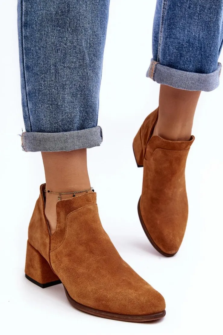 Boto Botki Wiosenne|Botki Skórzane*Zamszowe Botki Z Wycięciami Na Obcasie Camel Dalros