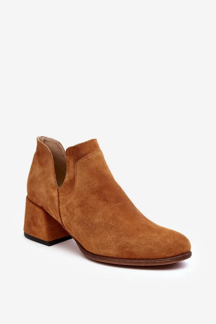 Boto Botki Wiosenne|Botki Skórzane*Zamszowe Botki Z Wycięciami Na Obcasie Camel Dalros