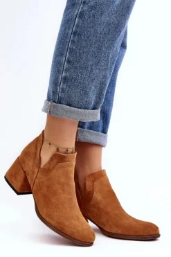 Boto Botki Wiosenne|Botki Skórzane*Zamszowe Botki Z Wycięciami Na Obcasie Camel Dalros
