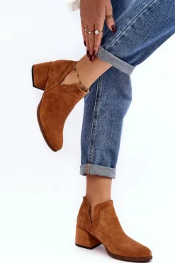 Boto Botki Wiosenne|Botki Skórzane*Zamszowe Botki Z Wycięciami Na Obcasie Camel Dalros