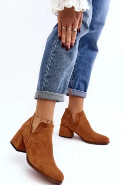 Boto Botki Wiosenne|Botki Skórzane*Zamszowe Botki Z Wycięciami Na Obcasie Camel Dalros
