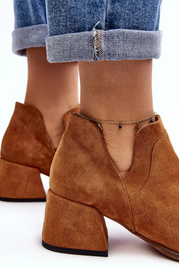 Boto Botki Wiosenne|Botki Skórzane*Zamszowe Botki Z Wycięciami Na Obcasie Camel Dalros