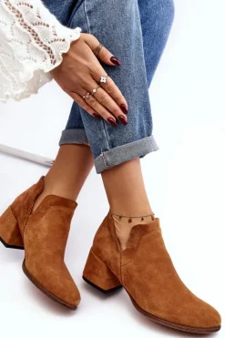 Boto Botki Wiosenne|Botki Skórzane*Zamszowe Botki Z Wycięciami Na Obcasie Camel Dalros