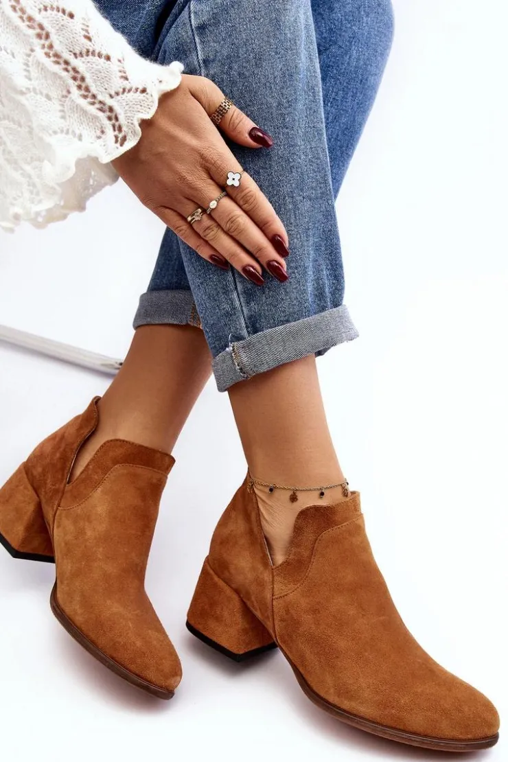 Boto Botki Wiosenne|Botki Skórzane*Zamszowe Botki Z Wycięciami Na Obcasie Camel Dalros