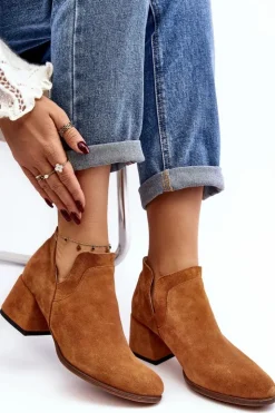 Boto Botki Wiosenne|Botki Skórzane*Zamszowe Botki Z Wycięciami Na Obcasie Camel Dalros