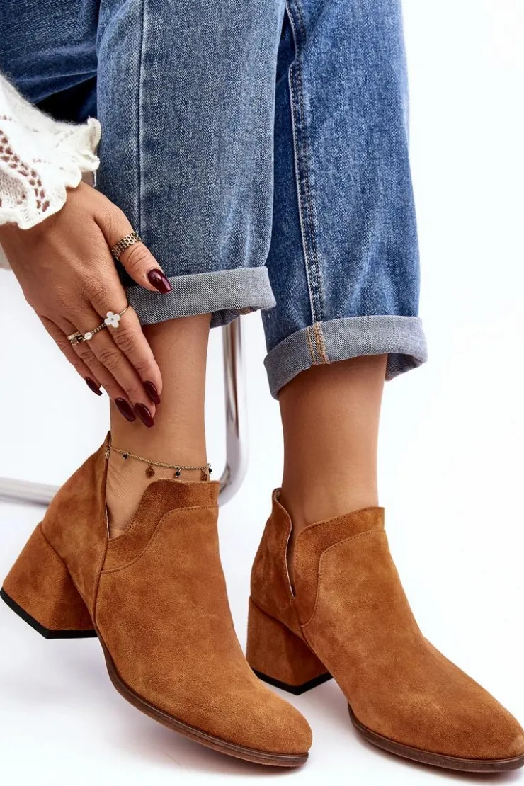 Boto Botki Wiosenne|Botki Skórzane*Zamszowe Botki Z Wycięciami Na Obcasie Camel Dalros