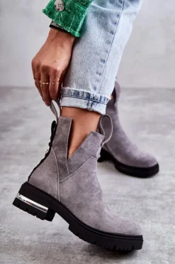 Damskie Boto Zamszowe Botki Z Wycięciami Szare Elvera