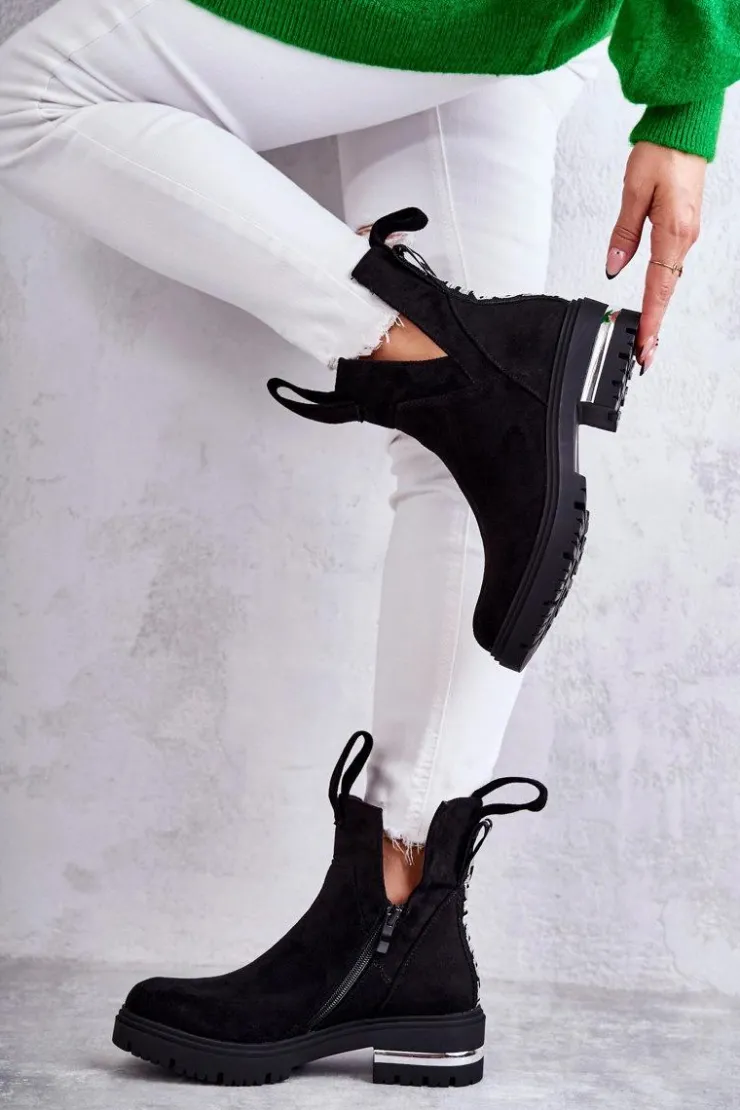 Damskie Boto Zamszowe Botki Z Wycięciami Czarne Elvera