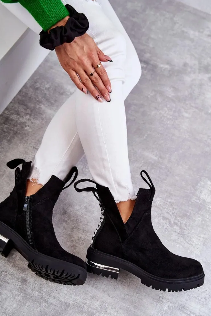 Damskie Boto Zamszowe Botki Z Wycięciami Czarne Elvera