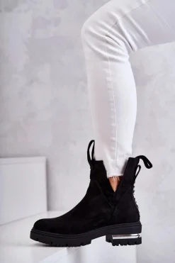 Damskie Boto Zamszowe Botki Z Wycięciami Czarne Elvera