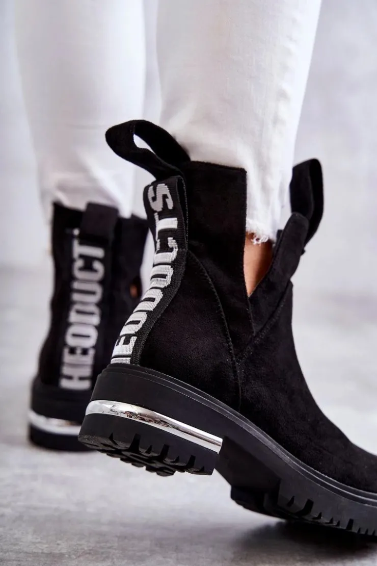 Damskie Boto Zamszowe Botki Z Wycięciami Czarne Elvera