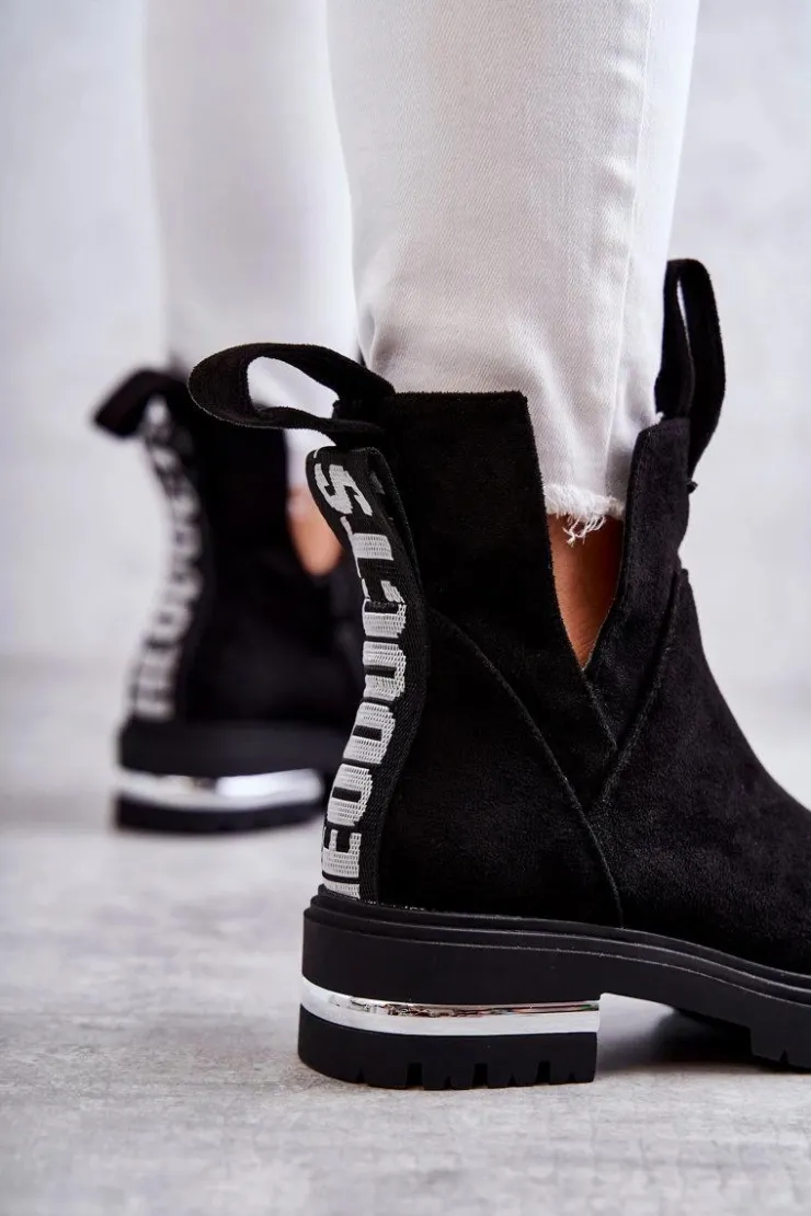 Damskie Boto Zamszowe Botki Z Wycięciami Czarne Elvera