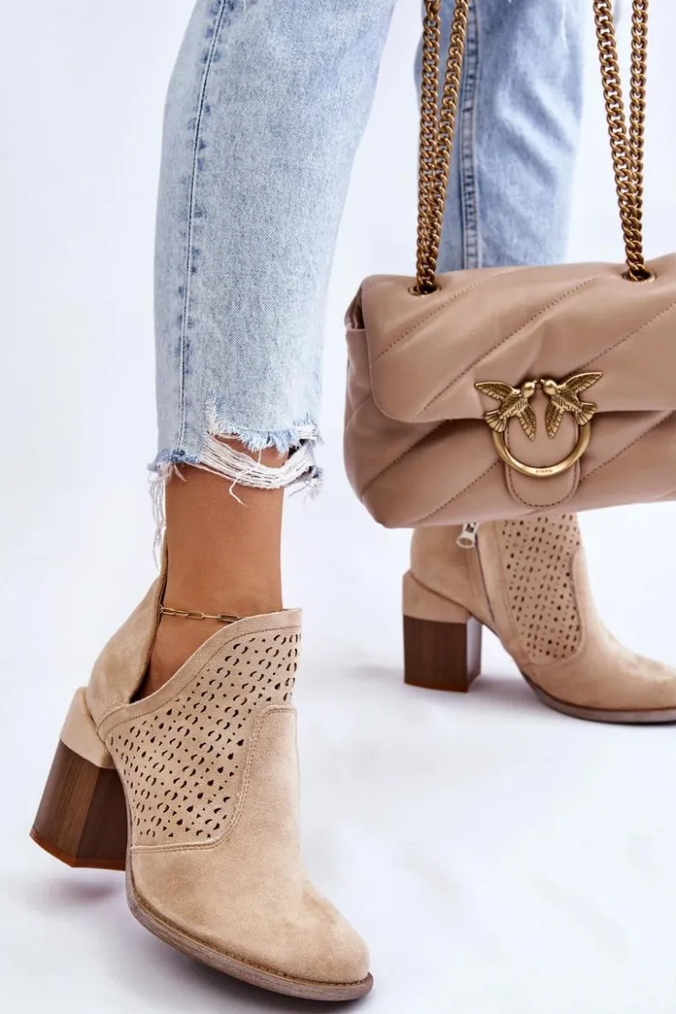 Boto Botki Wiosenne|Botki Na Słupku*Zamszowe Botki Z Wycięciem Jasnobeżowe Layne