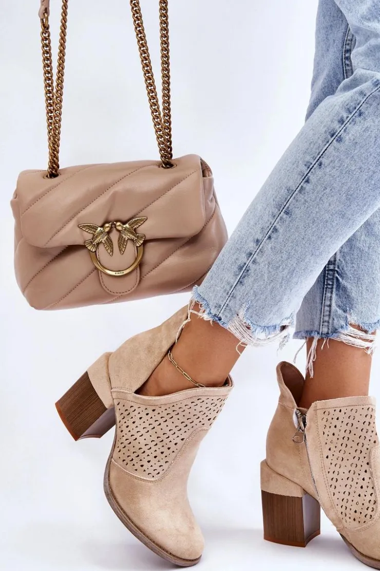 Boto Botki Wiosenne|Botki Na Słupku*Zamszowe Botki Z Wycięciem Jasnobeżowe Layne