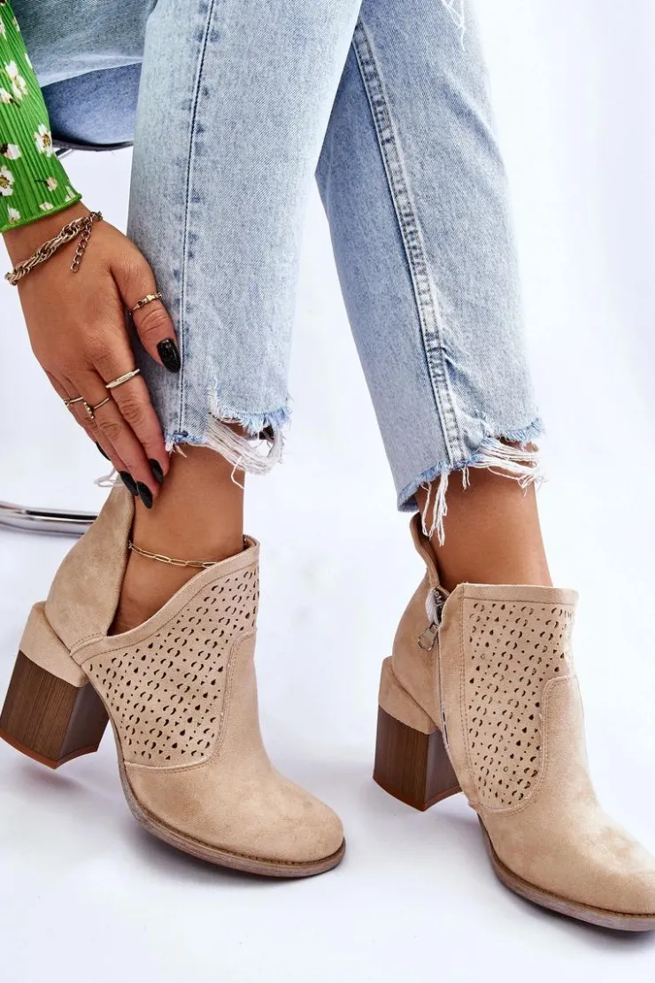 Boto Botki Wiosenne|Botki Na Słupku*Zamszowe Botki Z Wycięciem Jasnobeżowe Layne