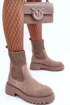 Hot Boto Zamszowe Botki Ze Skarpetą Na Platformie I Płaskim Obcasie Ciemnobeżowe Rewam