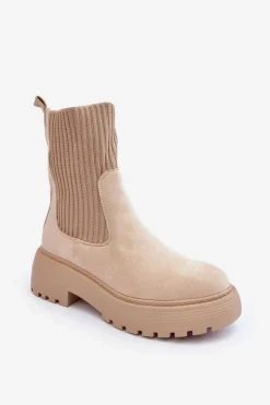 Online Boto Zamszowe Botki Ze Skarpetą Na Platformie I Płaskim Obcasie Beżowe Rewam