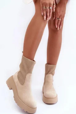 Online Boto Zamszowe Botki Ze Skarpetą Na Platformie I Płaskim Obcasie Beżowe Rewam