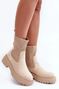 Online Boto Zamszowe Botki Ze Skarpetą Na Platformie I Płaskim Obcasie Beżowe Rewam