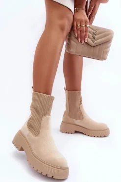 Online Boto Zamszowe Botki Ze Skarpetą Na Platformie I Płaskim Obcasie Beżowe Rewam