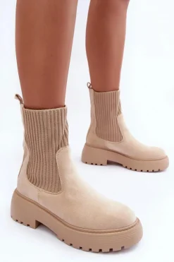 Online Boto Zamszowe Botki Ze Skarpetą Na Platformie I Płaskim Obcasie Beżowe Rewam