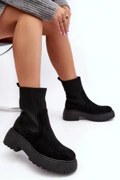 Damskie Boto Zamszowe Botki Ze Skarpetą Na Platformie I Płaskim Obcasie Czarne Rewam