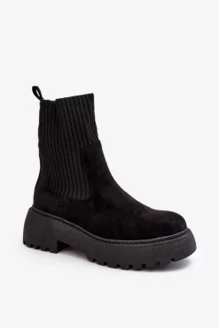 Damskie Boto Zamszowe Botki Ze Skarpetą Na Platformie I Płaskim Obcasie Czarne Rewam