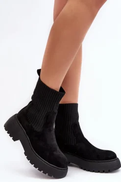 Damskie Boto Zamszowe Botki Ze Skarpetą Na Platformie I Płaskim Obcasie Czarne Rewam