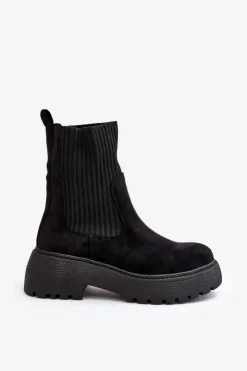 Damskie Boto Zamszowe Botki Ze Skarpetą Na Platformie I Płaskim Obcasie Czarne Rewam