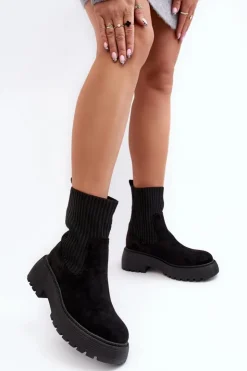 Damskie Boto Zamszowe Botki Ze Skarpetą Na Platformie I Płaskim Obcasie Czarne Rewam