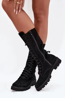 Damskie Zazoo Zamszowe Botki Ze Sznurowaniem Do Połowy Łydki 3103 Czarne