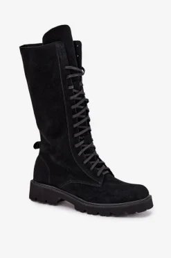 Damskie Zazoo Zamszowe Botki Ze Sznurowaniem Do Połowy Łydki 3103 Czarne