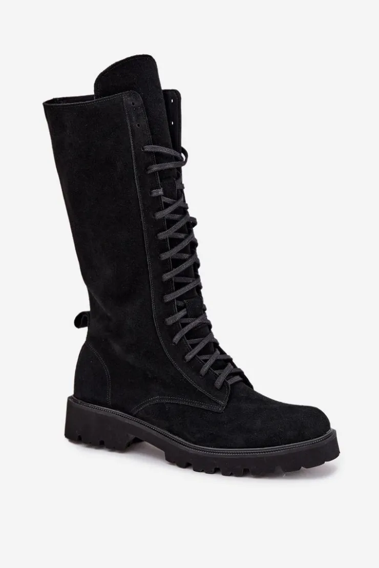 Damskie Zazoo Zamszowe Botki Ze Sznurowaniem Do Połowy Łydki 3103 Czarne
