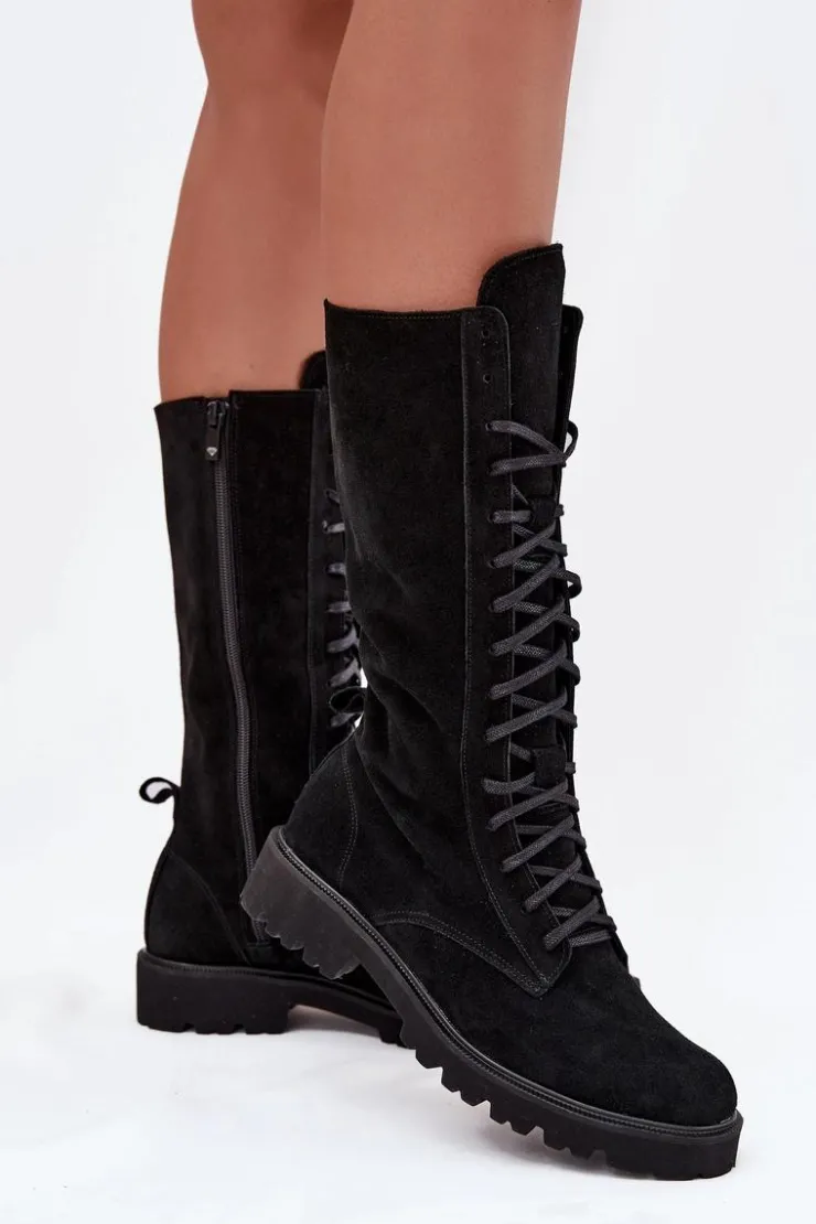 Damskie Zazoo Zamszowe Botki Ze Sznurowaniem Do Połowy Łydki 3103 Czarne