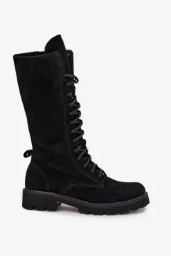 Damskie Zazoo Zamszowe Botki Ze Sznurowaniem Do Połowy Łydki 3103 Czarne