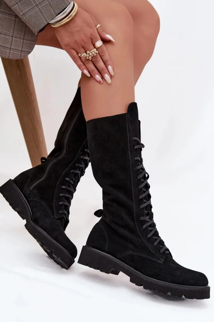 Damskie Zazoo Zamszowe Botki Ze Sznurowaniem Do Połowy Łydki 3103 Czarne