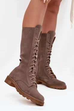 Discount Zazoo Zamszowe Botki Ze Sznurowaniem Do Połowy Łydki 3103 Ciemnobeżowe Beżowy