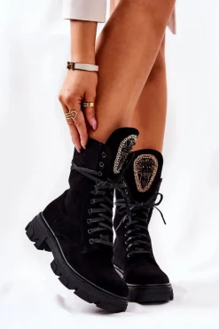 Damskie Boto Zamszowe Botki Ze Zdobieniem Czarne Elaina