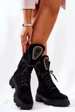 Damskie Boto Zamszowe Botki Ze Zdobieniem Czarne Elaina