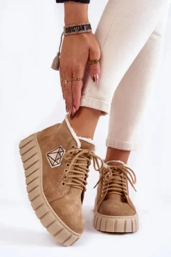 Boto Botki Sznurowane|Botki Płaskie*Zamszowe Buty Sportowe Wiązane Lewski Shoes 3252/N Beżowe