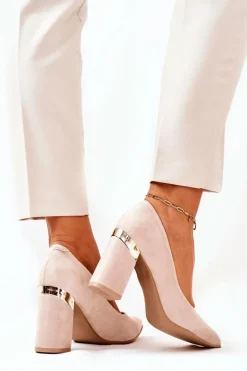 Boto Czółenka Na Słupku*Zamszowe Czółenka Lewski 3117 Beżowe Beżowy