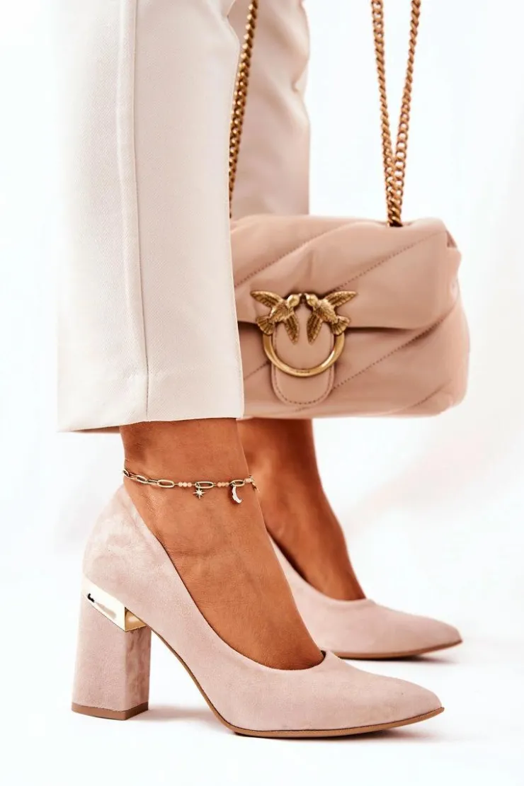 Boto Czółenka Na Słupku*Zamszowe Czółenka Lewski 3117 Beżowe Beżowy