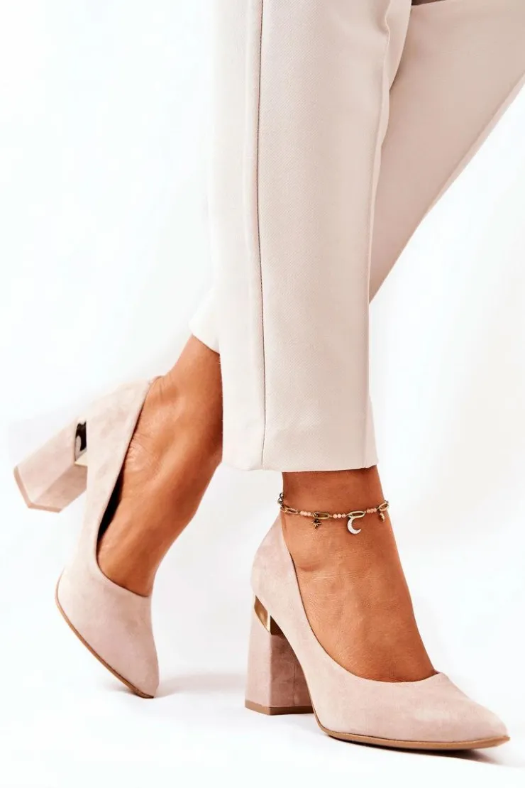 Boto Czółenka Na Słupku*Zamszowe Czółenka Lewski 3117 Beżowe Beżowy