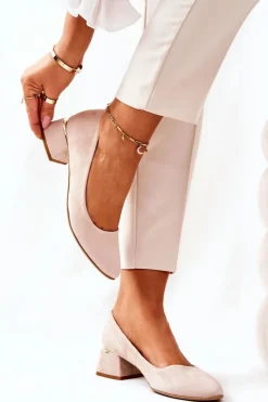 Boto Czółenka Na Słupku*Zamszowe Czółenka Lewski 3118 Beżowe Beżowy