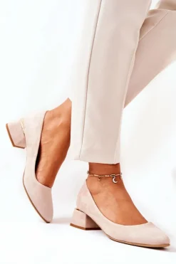 Boto Czółenka Na Słupku*Zamszowe Czółenka Lewski 3118 Beżowe Beżowy