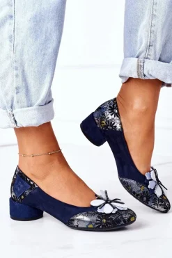 New Maciejka Zamszowe Czółenka 04835-17 Granatowe W Kwiaty